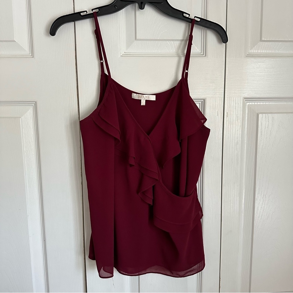 WAYF Tank Top Womens Large Burgundy Ruffle Chiffon Tank Blouse Feminine Flowy